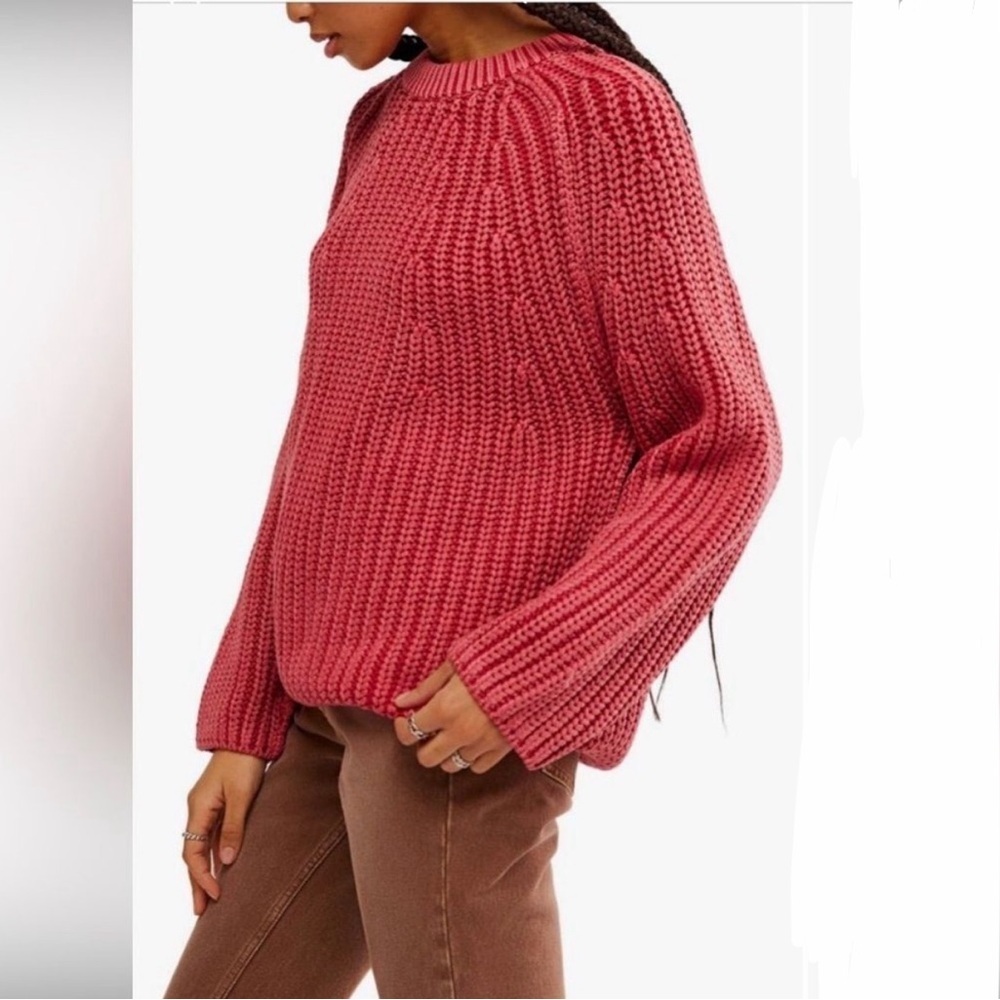 Free People Take Me Home Cotton Sweater Cherry Red Chunky Knit Crewneck Size M